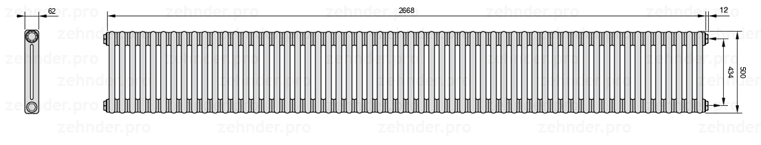 Схема (чертеж) Радиатор Zehnder Charleston 2050/58 №7610 Белый глянцевый RAL 9016